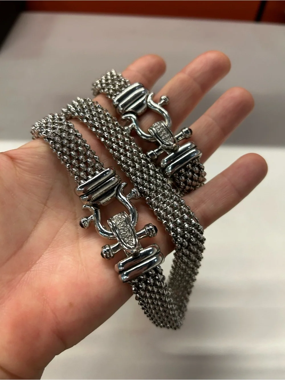 DSMK stainless steel silky mesh with rhinestone magnetic clasp necklace and brac
